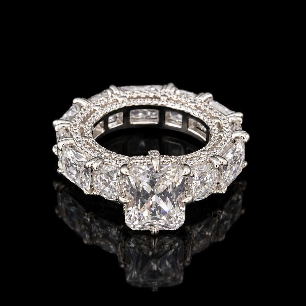 Radiant Cut Cubic Zirconia Eternity Statement Ring Silver Tone Size 5